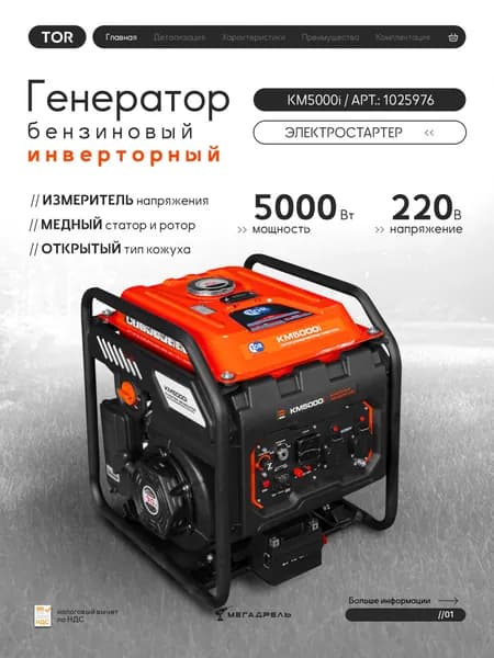 Генератор бензиновый инверторный TOR KM5000i 5,0 кВт 220В 25 л с электростартером