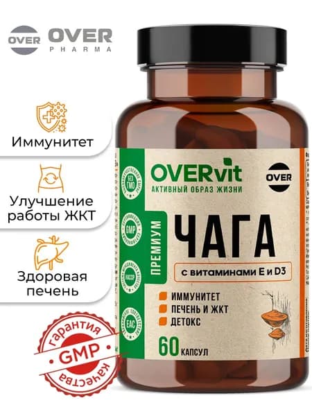 Чага с витаминами Е и D3, витамины для ЖКТ, печени, детокса, 60 капсул