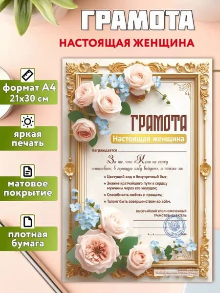 Грамота открытка в подарок Настоящая женщина А4