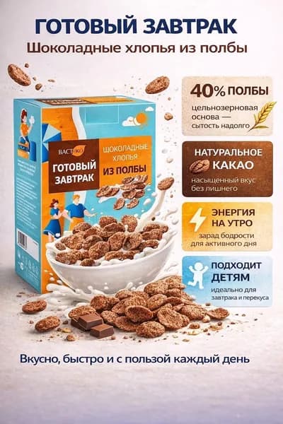 Готовый завтрак шоколадные ХЛОПЬЯ, 2*200 г. Вастэко.