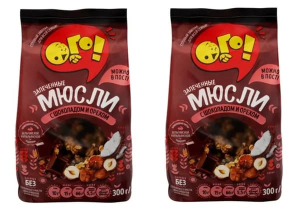 Ого! Мюсли запеченные с шоколадом и орехом, 300г,2шт