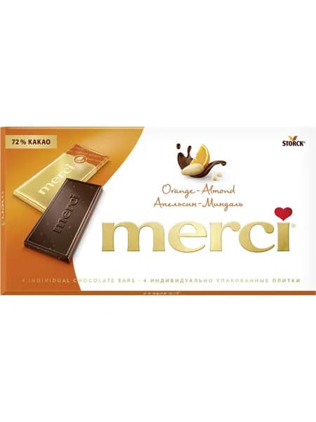 Merci, шоколад горький с соком апельсина и миндалем, 72% какао, произведено в Германии, 100г / Мерси