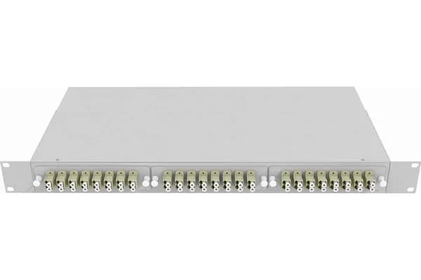 Кросс стоечный оптический VIMCOM 19'' укомплектованный 1U,4 8 портов LC, 50/125 мкм (планки, сплайс-кассета, пигтейлы, адаптеры, КДЗС), серый.