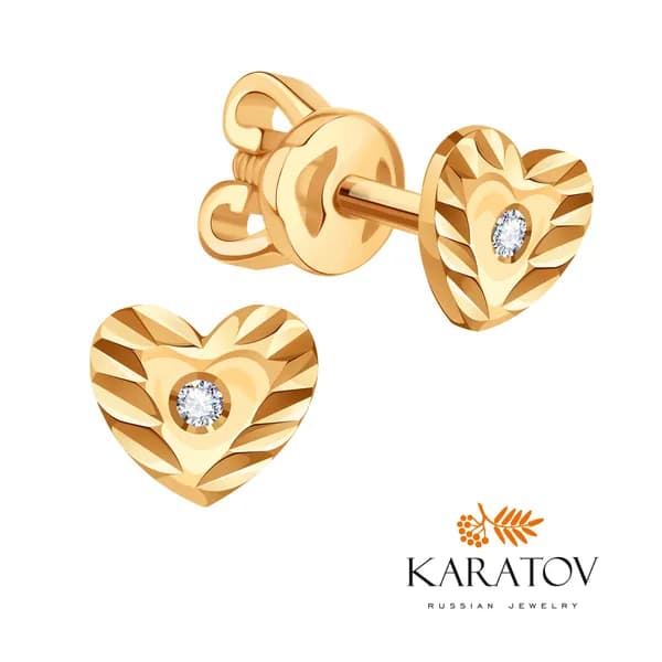 Серьги пусеты женские золотые 585 пробы сердце с фианитом, KARATOV