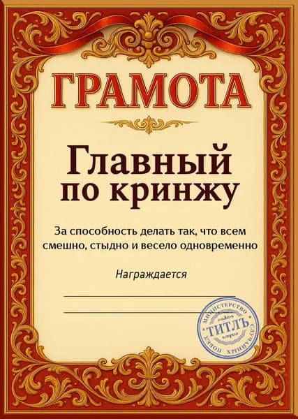 Прикольная грамота, диплом для друга - главный по кринжу