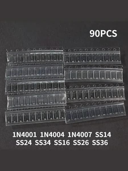 Набор диодов 90 шт, 1N4007/1N4004/1N4001 + SS14-SS36, выпрямительные и Шоттки, SMD