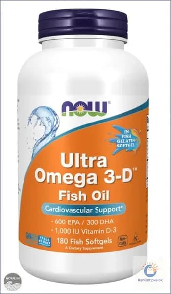 Омега 3 Ультра, витамин Д3 NOW Ultra Omega 3-D Fish Oil, 180 гелевых капсул (капсулы массой 1508 мг))