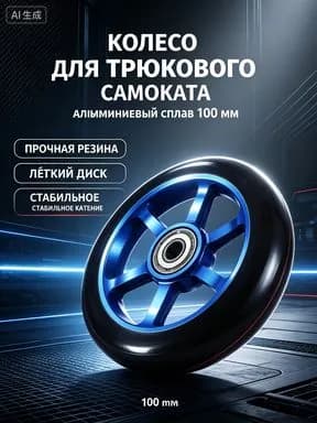 Самокат с синими 100-миллиметровыми колесами, с подшипниками.