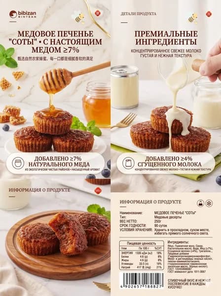 Медовый кекс Соты Bibizan, пористый влажный бисквит с ячеистой текстурой, порционные маффины в индивидуальной упаковке для завтрака и перекуса