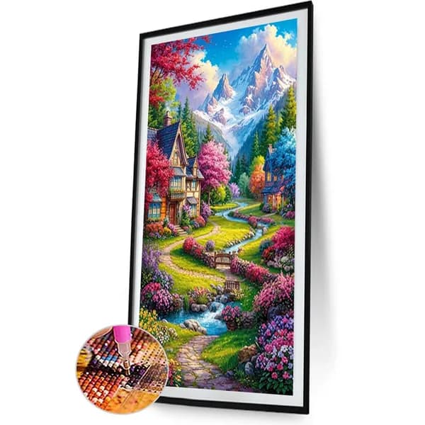 Пейзаж с деревней картина стразами круглыми 40x70 см