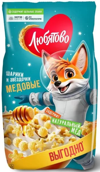 Готовый завтрак Любятово Медовые шарики и звездочки, 420г
