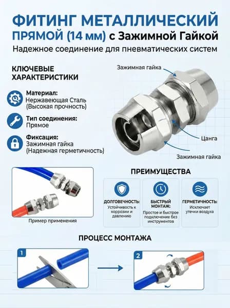 Фитинг металлический прямой с зажимной гайкой для пневматических трубок 14 мм