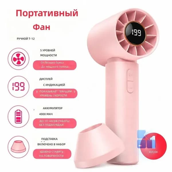 Портативный вентилятор T12, розовый