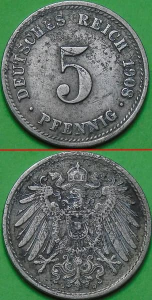 Монета Германия 5 пфеннигов 1908 год (D)