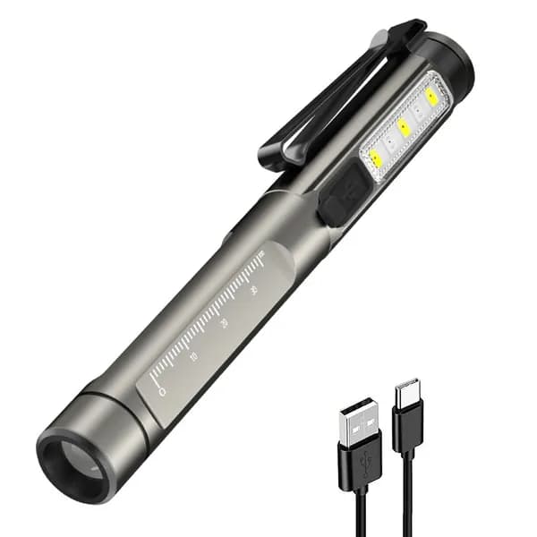 Медицинский карманный фонарик: белый, жёлтый, фиолетовый LED, USB-C, алюминий