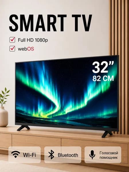 SMART TV Телевизор 32″ Full HD, черный матовый