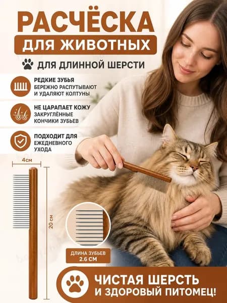 Расчёска для животных 20 см, редкие закруглённые металлические зубья, деревянная ручка, для длинной шерсти кошек и собак
