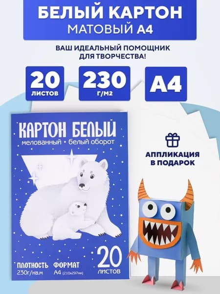 Белый картон для школы A4 20 листов