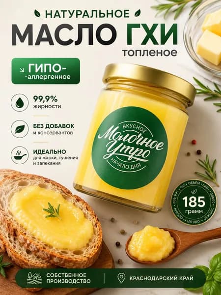 Премиальное топленое сливочное масло ГХИ "Молочное Утро" 185гр банка