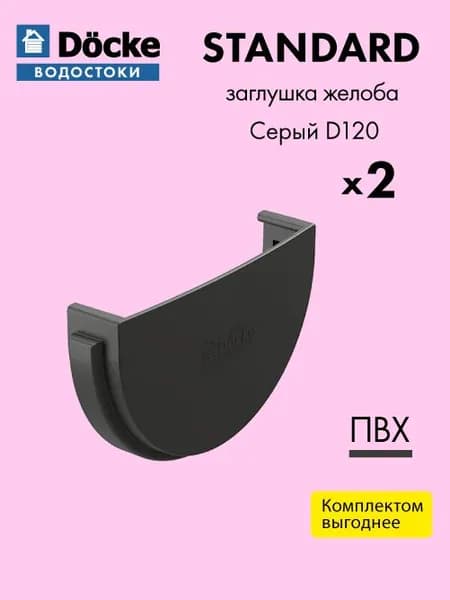Заглушка желоба Docke/Дёке STANDARD D120 Цвет серый (упаковка 2 шт) / Водосток для крыши дома