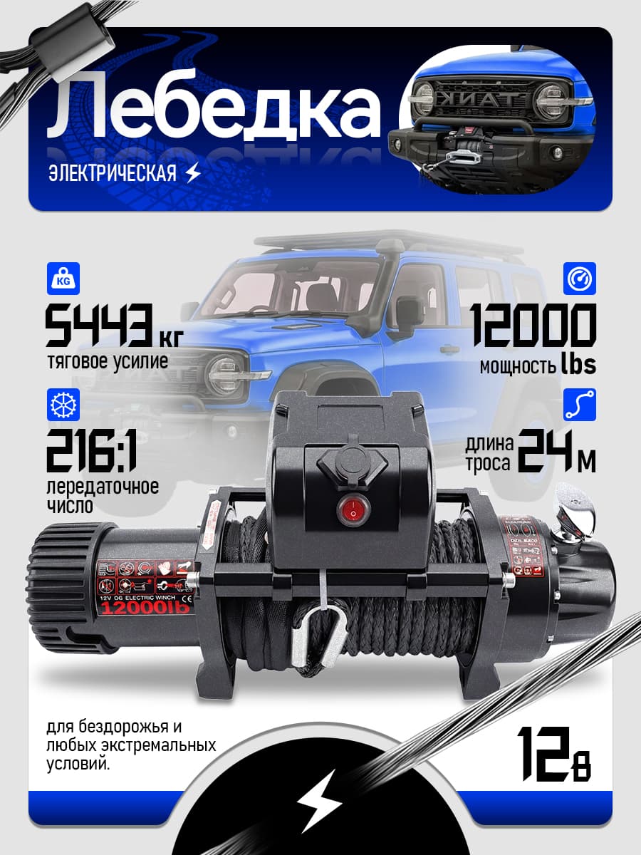 Лебедка автомобильная электрическая 12000 lbs 12V грузоподъемность 5443 кг с кевларовым тросом 24 метров на 9.5 мм