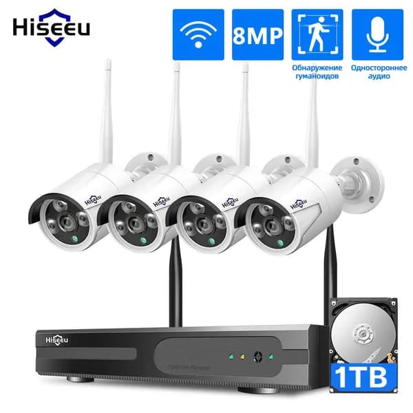 Hiseeu Wi-Fi Комплект камеры видеонаблюдения,NVR Набор,8MP 4 IP камеры 1TB жесткого диска,ночного видения,Одностороннее аудио,P2P