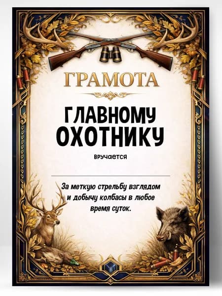 Грамота диплом в подарок - Главному охотнику