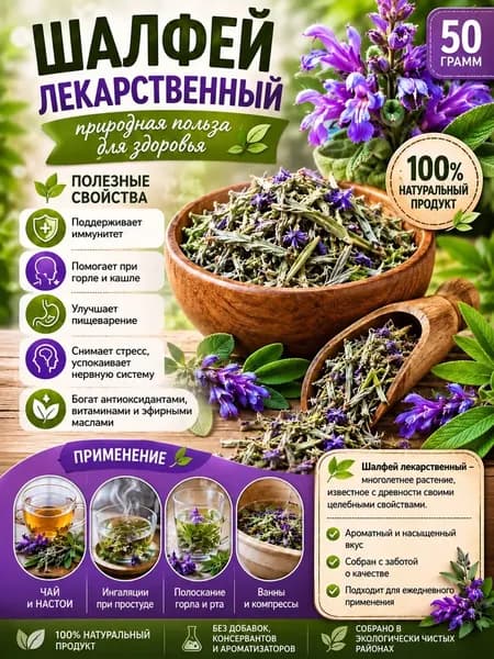 Шалфей лекарственный сушёный 50 грамм натуральный травяной чай для иммунитета и здоровья горла