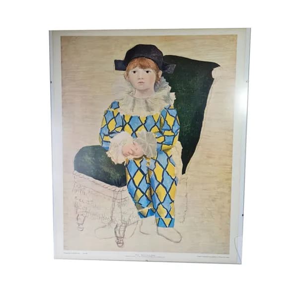 Картина (репродукция) винтажная "Поль в костюме Арлекина (1924)" Пикассо, типография Зауэрлин и Пфайффер (Швейцария), 60 x 50 см, Германия, 1960-70 гг.