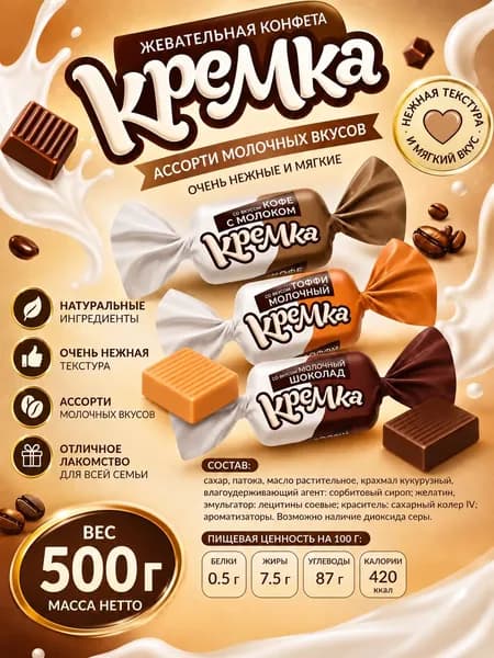 Конфеты жевательные КРЕМКА АССОРТИ, 500 г
