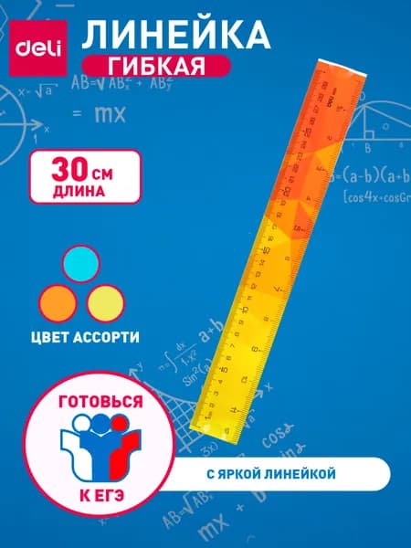 Линейка Deli, 30 см, пластик, ассорти, гибкая, двухсторонняя шкала