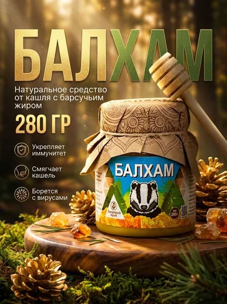 Балхам от кашля . Мед натуральный с барсучьим жиром