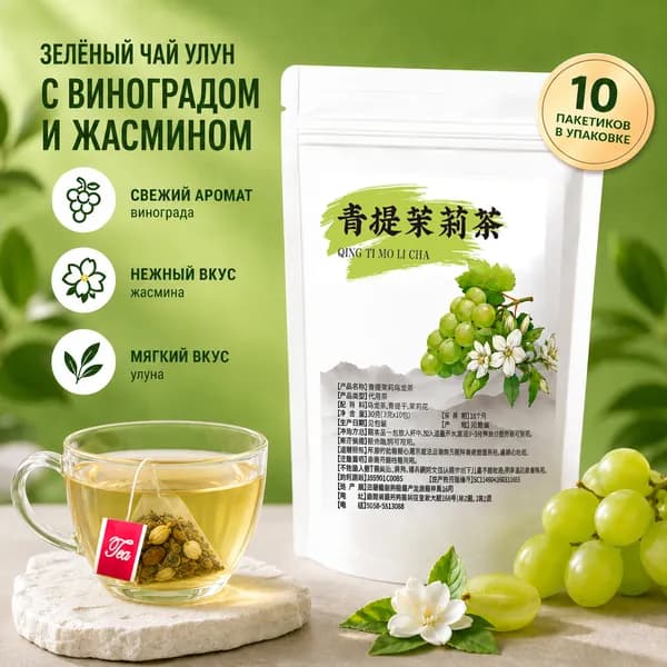 жасминовый чай с виноградом, Китайский чай, 1 упаковке 10 пакетиков