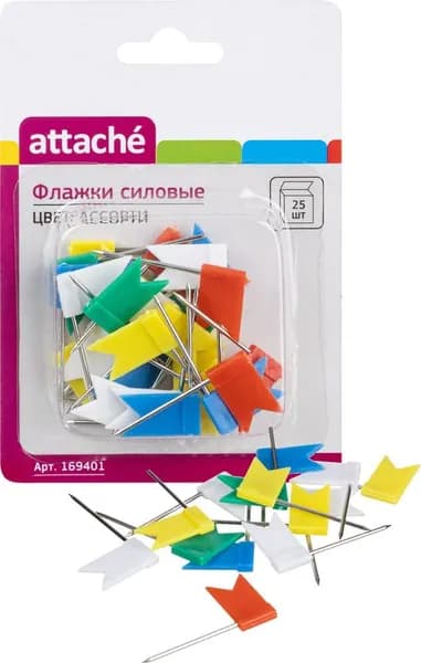 Кнопки канцелярские силовые Attache Флажки пластиковые разноцветные шляпка 8 мм (25 штук в упаковке)