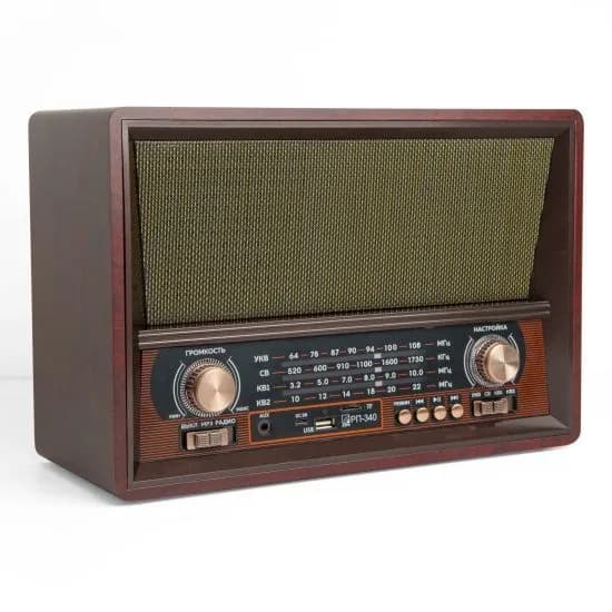 Радиоприемник аналоговый РП-340 коричневый, 5Вт, Bluetooth, FM радио, USB micrоSD AUX, сеть, аккум., бат.