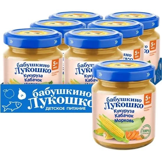 Пюре Бабушкино лукошко кукуруза кабачок морковь, с 5 месяцев, 100 гр., 6 шт.