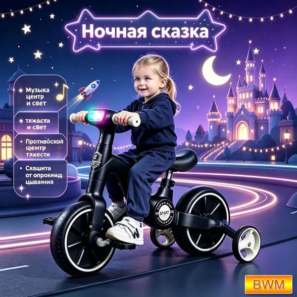 Детский транспорт с мелодиями и подсветкой на руле, безопасные скруглённые края корпуса
