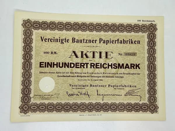 Акция Германия Бумажная фабрика United Bautzner Paper Mills, 1000 Рейхсмарок 1928 гол