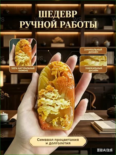 Эксклюзивный интерьерный элемент из природного минерала, выполненный вручную, где желтый нефрит использован для создания пейзажной композиции, применяется в качестве подарка для дома или кабинета.
