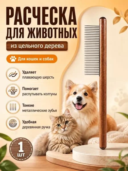 Деревянная расчёска для собак и кошек, гребень для груминга с редкими зубьями