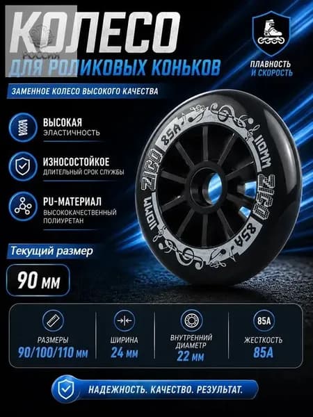 Колеса для роликовых коньков 90/100/110 мм, PU, 85A