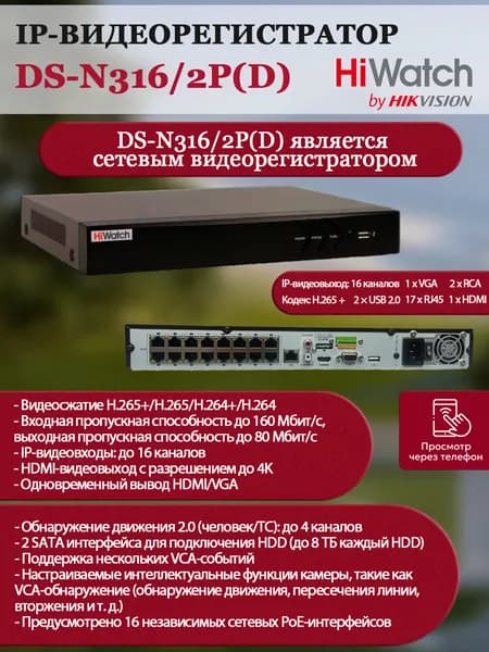 HiWatch DS-N316/2P(D) IP-Регистратор до 16 IP-камер 8МП, Человек / ТС до 4 каналов, 16 PoE портов, 2 SATA по 8 ТБ каждый 30к/с на канал H.265+