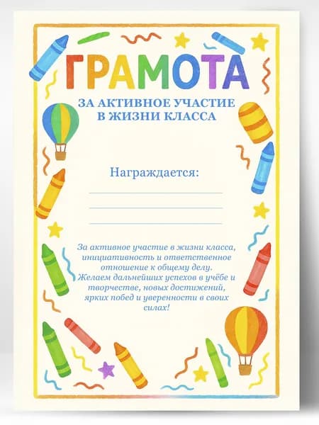 Грамота школьная - За активное участие в жизни класса