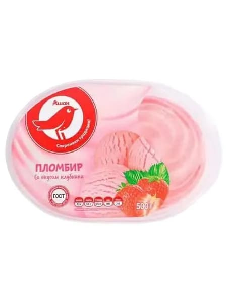 Мороженое пломбир АШАН Красная птица ГОСТ клубничное БЗМЖ 500 г