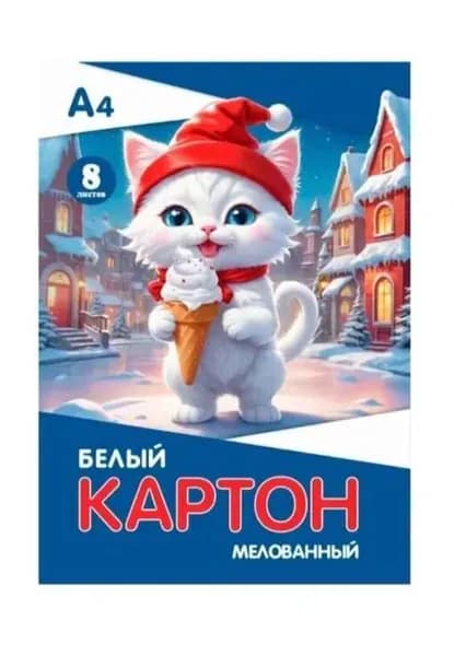 Картон белый Белая кошечка, А4, мелованный, в наборе 8 л, 1 набор