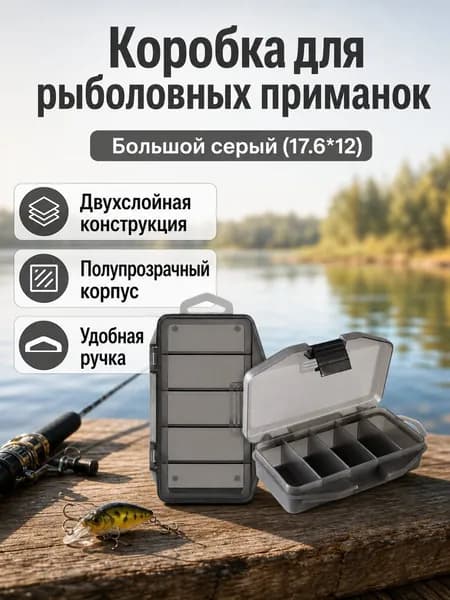Рыболовная коробка для приманок большая серая (17,6 12 см), двухсекционная с прозрачной крышкой и ручкой
