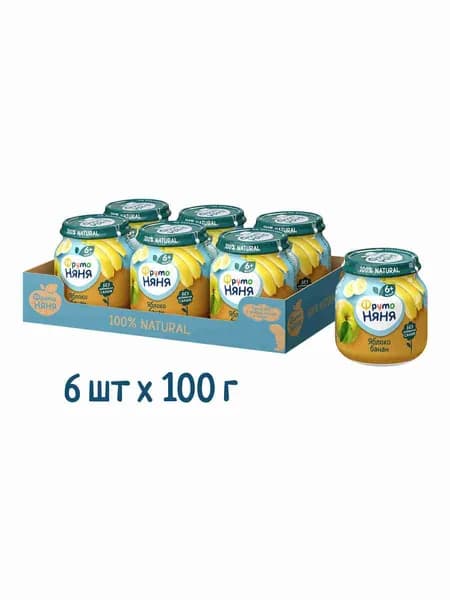 Пюре фруктовое детское ФрутоНяня банан, яблоко, с 6 месяцев, 100 г х 6 шт
