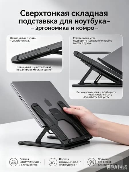 Складная подставка для ноутбука ультратонкая, портативный держатель для ноутбука с регулировкой угла, аксессуар для охлаждения