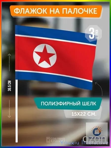 Флаг КНДР (Северной Кореи) на палочке / 3 штуки