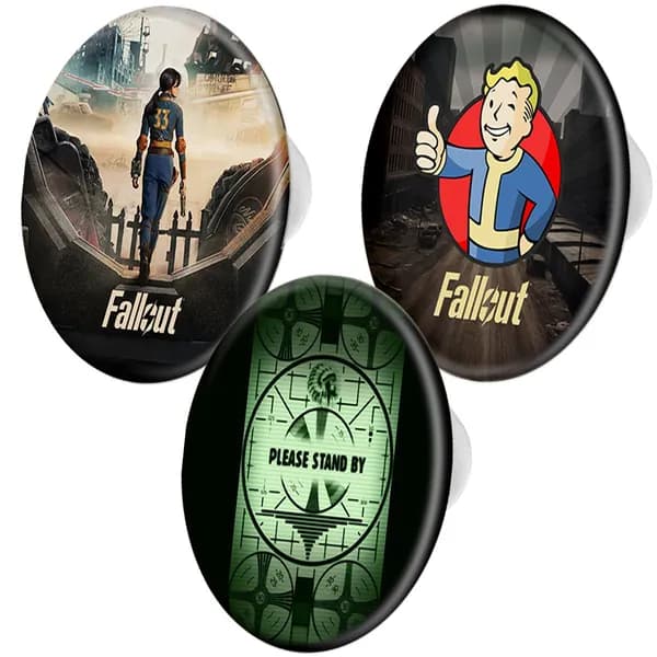 Набор джиббитсы на шнурки для обуви Фоллаут (Fallout) - Волт-бой / Пожалуйста, подождите / Убежище 33 (3 шт.)